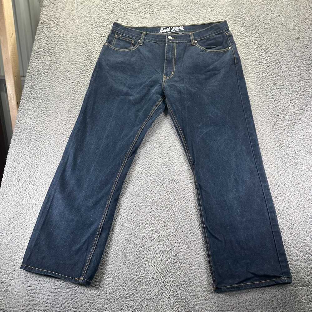 Trust Jeans Mens 40x30 Blue Cotton Denim Straight Leg Baggy Dark Wash Workwear